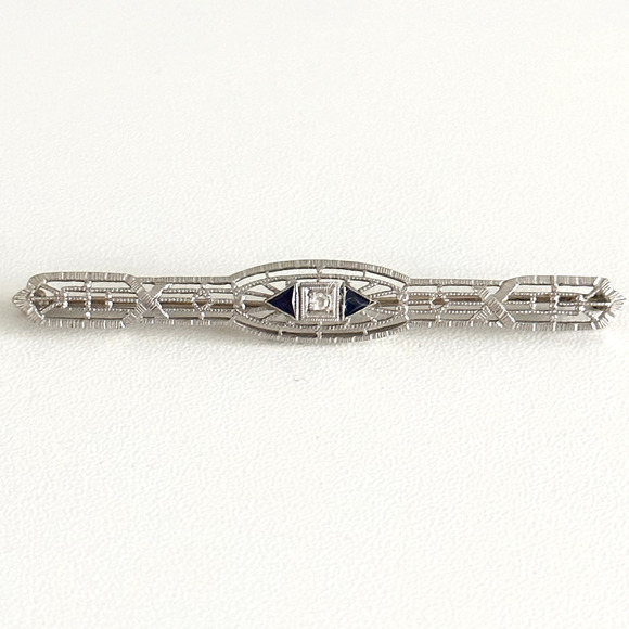 Antique 14K Solid White Gold Sapphire & Diamond Intricate Detail Bar Brooch Pin - Picture 1 of 12